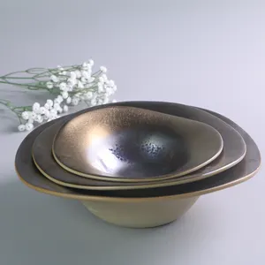 Creative Retro Irregular Design Dark Gold Decorative Banquet Deep Soup Pasta Plate Dish Wholesale Porcelain Ceramic Plates