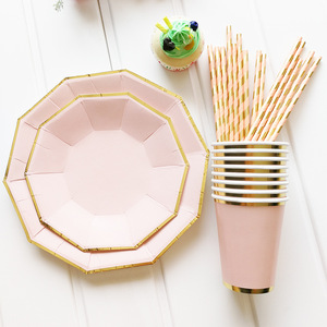 Vajilla Desechable DAMAI Bronzing Decagon Rosa Claro, Juego de Vajilla para Fiestas para Niños y Adultos, Platos y Vasos de Papel Desechables - Product Image 6