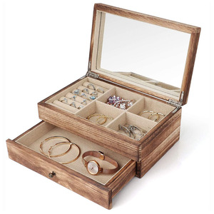 Шкатулка для украшений органайзер для женщин <span class=keywords><strong>2</strong></span> слоя Большой футляр для хранения ювелирных изделий в деревенском стиле деревянная шкатулка для украшений с зеркалом и кольцо лоток для колец, сувенир, брелок - Product Image 3