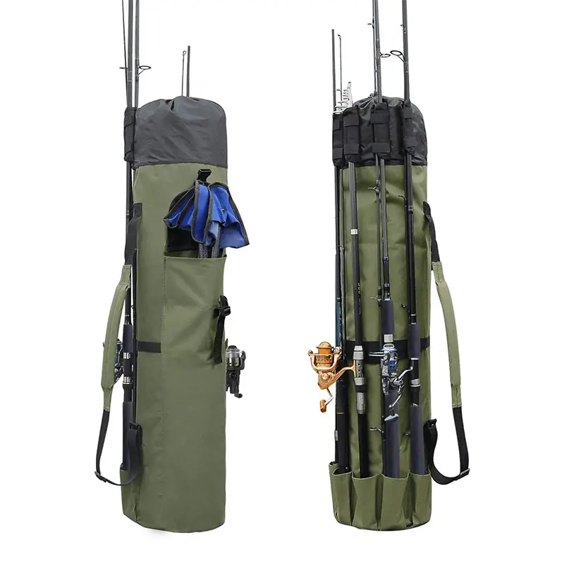 OEM Waterproof Canvas Fishing Tackle Rod Bag Backpack Durable Fishing Rod and Reel Organizer Pouch Travel Fishing Carry Case Bag