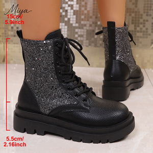 Bottines à lacets en cuir PU à paillettes dorées, tendance automne-hiver 2026, pour femmes, plateforme, semelle épaisse, bottines courtes - Product Image 2