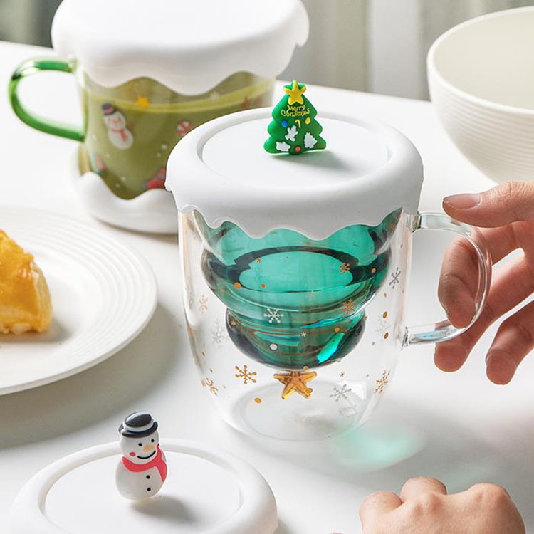 Borosilicate Glass Christmas Gifts Mugs Heat-resistant Double Wall Glass Christmas Tree Design Drinking Cups