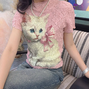 PY 2026 Sweet Elegant Style Pleated Mock Neck Cat Print <b>Top</b> Western Clothing Women Bulk Wholesale Online - Product Image 5