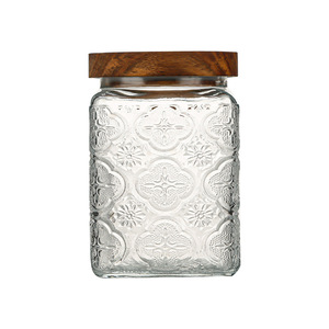 Frasco <span class=keywords><strong>de</strong></span> Vidrio Cuadrado Vintage <span class=keywords><strong>de</strong></span> 27 oz con Relieve <span class=keywords><strong>de</strong></span> Trébol, Recipiente Hermético para Almacenamiento <span class=keywords><strong>de</strong></span> Alimentos Apto para Microondas, Tapa <span class=keywords><strong>de</strong></span> Madera <span class=keywords><strong>de</strong></span> Acacia para Cocina - Product Image 1