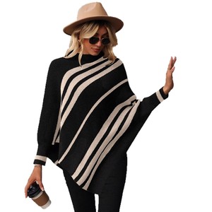 Maglione da <span class=keywords><strong>Donna</strong></span> Xc829 Casual con Maniche a Pipistrello, Collo Tondo, Lungo, Traspirante, Lavorato a <span class=keywords><strong>Maglia</strong></span>, a Righe, con Scialle Ricamato, Antirughe - Product Image 1