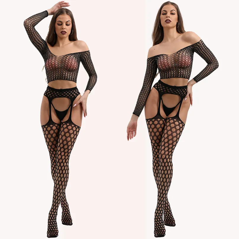 Tayt kadın crotchless külotlu çorap seksi külotlu açık içi boş çorap seksi jartiyer kemer Fishnet uzun kollu ceket seti