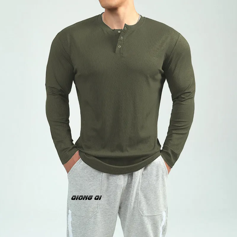Quick Dry Heavyweight Athletic Long Sleeve T-Shirt Men Solid Color Fitness Clothes Men Training Tight Top