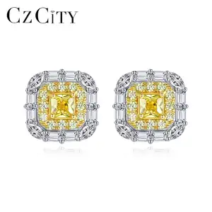 CZCITY Sterling Silver 925 Jewelry Stud Yellow Earrings for Women 2021 Designer Inspired Square Earrings Boho Jewelry