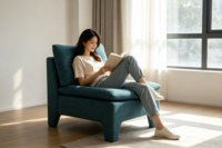 Fauteuil d'appoint modulaire sans accoudoirs en lin bleu sarcelle avec coussins d'assise et de dossier épais détachables, pieds en bois intégrés, combinaison modulaire pour salon
