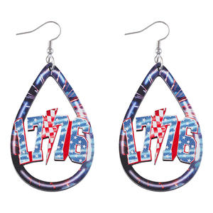 Pendientes de madera Día DE LA Independencia Americana Rojo Blanco Azul Rayo Estrella Hueco Gota Pendientes colgantes para mujeres Uionen 924 - Product Image 5