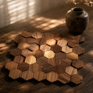Mosaïque hexagonale en bois de noyer noir naturel récupéré <span class=keywords><strong>pour</strong></span> revêtement mural intérieur de luxe <span class=keywords><strong>pour</strong></span> la décoration d'hôtels et d'espaces commerciaux - Product Image 5