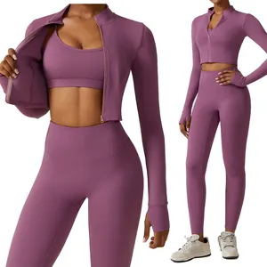 3 PCS Gym Sets Fitness Active Wear Long Sleeve Zip Coat Leggings Set Stretchy Sports Bra Butt Lift Yoga Pants For Women