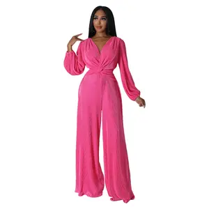 Sexy V-neck Pleated Long Sleeve Wide Leg Pants Jumpsuits New Fashion Women Jumpsuit