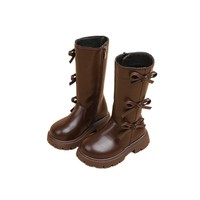 Süße Kinderstiefel in mittlerer Wadenlänge mit Schleifen, seitlichem Reißverschluss, schwarz-braun, Kunststoffsohle, Fleece gefüttert, für Mädchen, Herbst-Winter-Stiefel, ODM OEM
