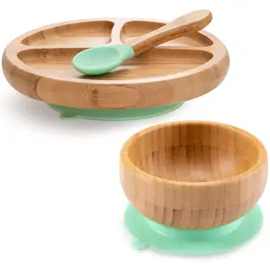 Baby Bamboo Suction Plate, Bowl and Spoon set - Wooden Feeding Set for Toddler 1-3 Year Old - Silicone Suction Sticks