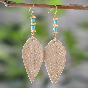 Boucles d'oreilles en similicuir Style national feuille pendentif Turquoise boucles d'oreilles double face pour femmes Uionen 860 - Product Image 1