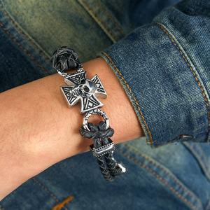 Cross <b>Leather</b> <b>Bracelet</b> For Men Skull Pendant Black Braided Woven Jewelry Everyday Wear - Product Image 3