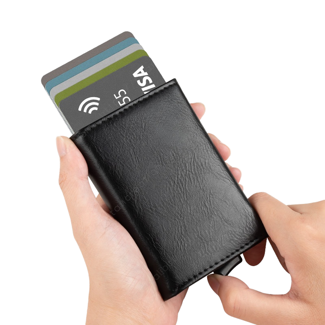 Leather RFID Blocking Pop up Card Holder Aluminum Card Case Business ID Anti-theft Wallet Card Holder