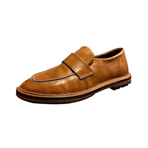 Mocasines de Cuero para Hombre Qinhong, Sin Cordones, Tacón Bajo, Transpirables, Casuales, Color Marrón Sólido, Suela Cosida, Estilo Retro - Product Image 1