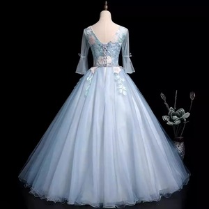 Light Blue V-neck Chiffon Ball Gown Dress With Floral Embroidery Empire Waistline For Evening Events - Product Image 4