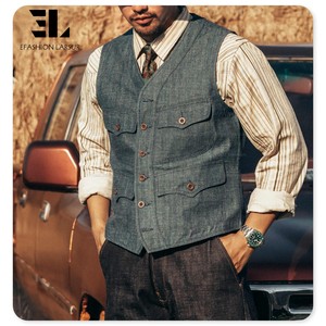 LARSUR Gilet en jean avec braguette à boutons, robe formelle personnalisée avec boucle de <span class=keywords><strong>Paris</strong></span>, veste en jean sans manches coupe ajustée pour hommes - Product Image 1