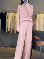 Style européen haut de gamme femmes rose cachemire tricoté tenue respirant deux pièces ensemble solide bouton Cardigan veste été décontracté