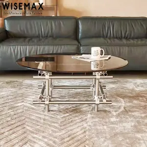 WISEMAX mebel baja tahan karat desain unik kaki logam perak meja teh kaca bulat atas meja kopi furnitur ruang tamu