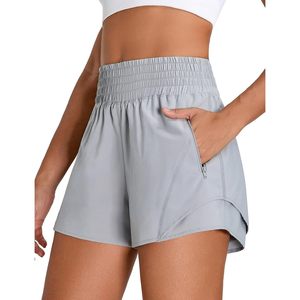 FOXA Pantalones cortos deportivos para mujer, cintura alta, 2,5 pulgadas, pantalones cortos para correr con bolsillo con cremallera, pantalones cortos deportivos para yoga, gimnasio, entrenamiento, gris claro, L - Product Image 1