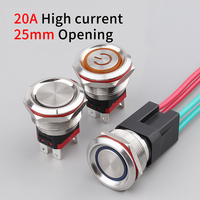 Sakelar Tombol Tekan Logam Arus Tinggi 25mm 20A, Momentary Latching 2NC 12V 24V 220V dengan LED Terang IP67 Tahan Air