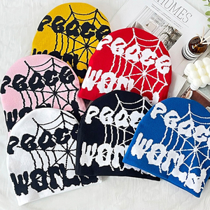 Beanie produttore Logo personalizzato Y2K Beanie stampa lettere del mondo di pace e disegno <span class=keywords><strong>ragnatela</strong></span> indossare quotidianamente cappelli invernali in acrilico Unisex - Product Image 3