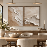 Lot de 2 tableaux en toile 3D relief beige sable, motif vague océanique, diptyque pour décoration de spa, hôtel, chambre et salon