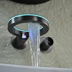 Fashion Ring Concealed Bathroom Faucet Water Temperature Digital Display LED Luminous Edge Waterfall Spout Basin Faucet