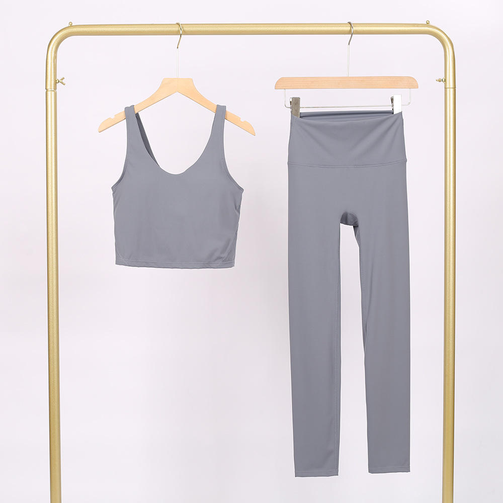 Blue and gray u-shaped vest and cropped pants set