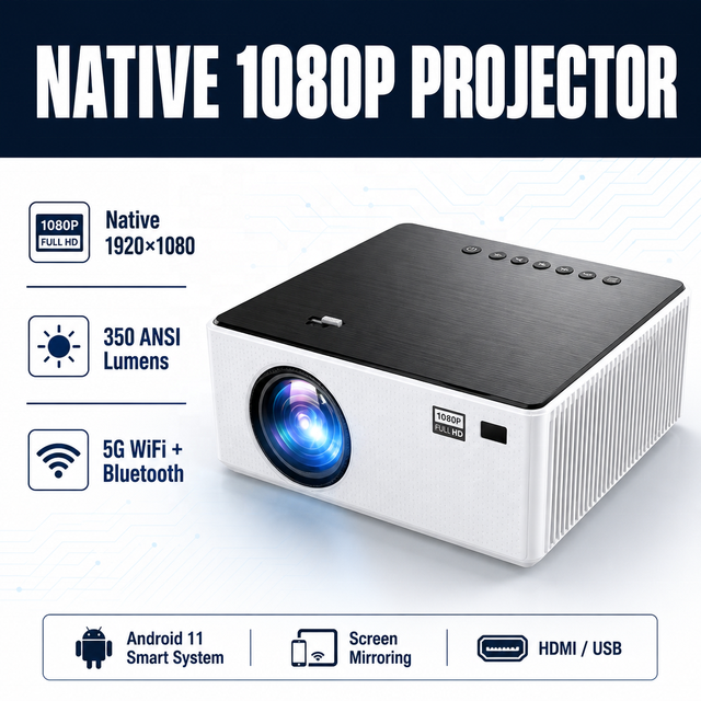 Android 11 1080P Full HD Smart WiFi Portable LCD Projector 350 ANSI LED 2000:1 1GB RAM 8GB ROM Streaming Apps Home Theater