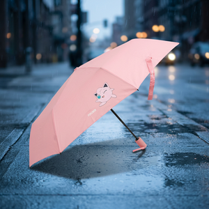 Parapluie pliable 3 sections en polyester 55 cm pour enfants, motif Jigglypuff Corail LUPMU70001, 8 baleines, compact et portable, dessin animé anime - Product Image 2