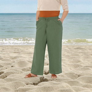 Pantalon large en lin et coton pour femme, décontracté, avec cordon de serrage et taille élastique, idéal pour l'été, vente en gros, personnalisation OEM - Product Image 3