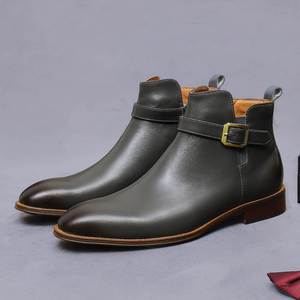 Bottes en cuir pour hommes, style mode, avec boucles de ceinture, bottes formelles d'affaires, bottes courtes en cuir véritable à fermeture éclair, chaussures de bureau pour hommes - Product Image 2
