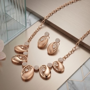 Rose Gold Geometric Fine 925 Silver Necklace Set with Matching <b>Earrings</b> <b>Crystal</b> <b>Studded</b> Fashion Jewelry for Women Wedding - Product Image 3