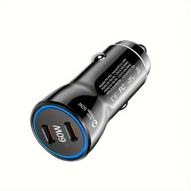 12 볼트 듀얼 C USB 포트 충전기 유형 C 60W 어댑터 전원 공급 장치 PD 고속 충전 담배 라이터 자동차 충전기