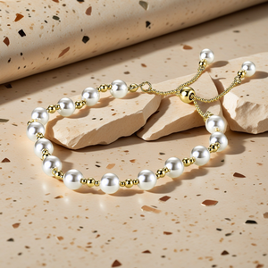 Pulseras <span class=keywords><strong>de</strong></span> Perlas Chapadas en <span class=keywords><strong>Oro</strong></span> <span class=keywords><strong>de</strong></span> <span class=keywords><strong>18k</strong></span> al por Mayor, con Cuentas Blancas <span class=keywords><strong>de</strong></span> Aleación y Espaciadores Dorados, Cadena Ajustable para Mujeres y Niñas - Product Image 6