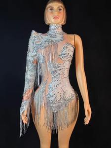 Vestido Sexy Ajustado de Spandex con Lentejuelas Brillantes y Flecos, de un Solo <span class=keywords><strong>Hombro</strong></span>, <span class=keywords><strong>para</strong></span> Cantantes, Bailarinas, Espectáculos y Fiestas de Cumpleaños - Product Image 4