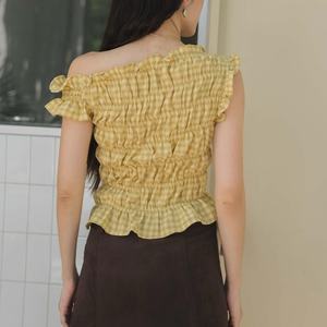 Blusa de Moda de Manga Larga para Primavera y Otoño, con Hombros Descubiertos, Estampado a Cuadros, Plisada, Casual, Elegante, Transpirable, Ligera y Cómoda - Product Image 3