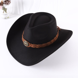ZhenXi Cowboy <b>Hat</b> Black Wide Brim Polyester Western Style With Star Belt For Men Women - Product Image 1