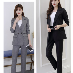 Completo da <span class=keywords><strong>Donna</strong></span> <span class=keywords><strong>Grigio</strong></span> Casual <span class=keywords><strong>Blazer</strong></span> e Pantaloni a Vita Alta Tailleur da Ufficio Giacca con Risvolto Completo Coreano Femminile 2 Pezzi - Product Image 6
