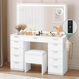 Juego de tocador OEM ecológico de grado E0 con 11 cajones, espejo con iluminación LED y toma de corriente, cómoda con cajones - Product Image 1