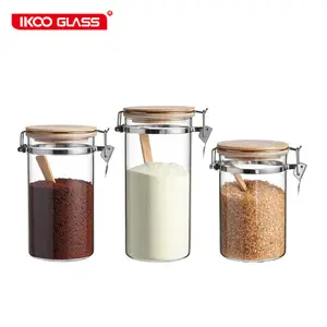latas de 250ml de acero Suppliers-Bote de vidrio de borosilicato alto, transparente, con tapa de bambú y cucharas