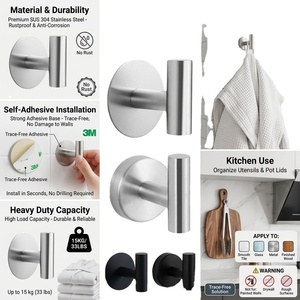 Gancho para Batas de Acero Inoxidable, Montado en Pared, Níquel Cepillado, Autoadhesivo, Sin Taladro, Colgador de Toallas de Cocina, Capacidad 15kg - Product Image 1