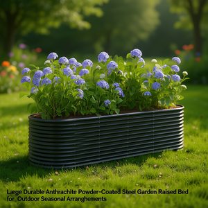 Bac à légumes surélevé rectangulaire en acier thermolaqué anthracite moderne pour arrangements saisonniers extérieurs, durable et autoportant - Product Image 2