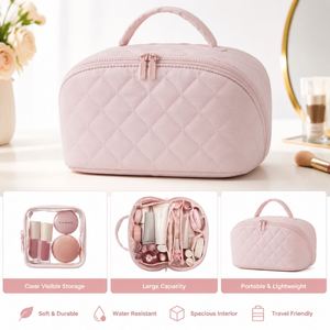 Sac cosmétique en nylon diamanté avec logo personnalisé, grande capacité, organiseur de maquillage de voyage, pochette à fermeture éclair portable, sac de beauté imperméable - Product Image 2