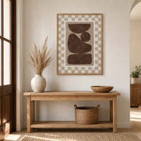 Peinture sur toile abstraite marron aux formes organiques et à carreaux, encadrée, grande taille, décoration murale moderne pour salon
